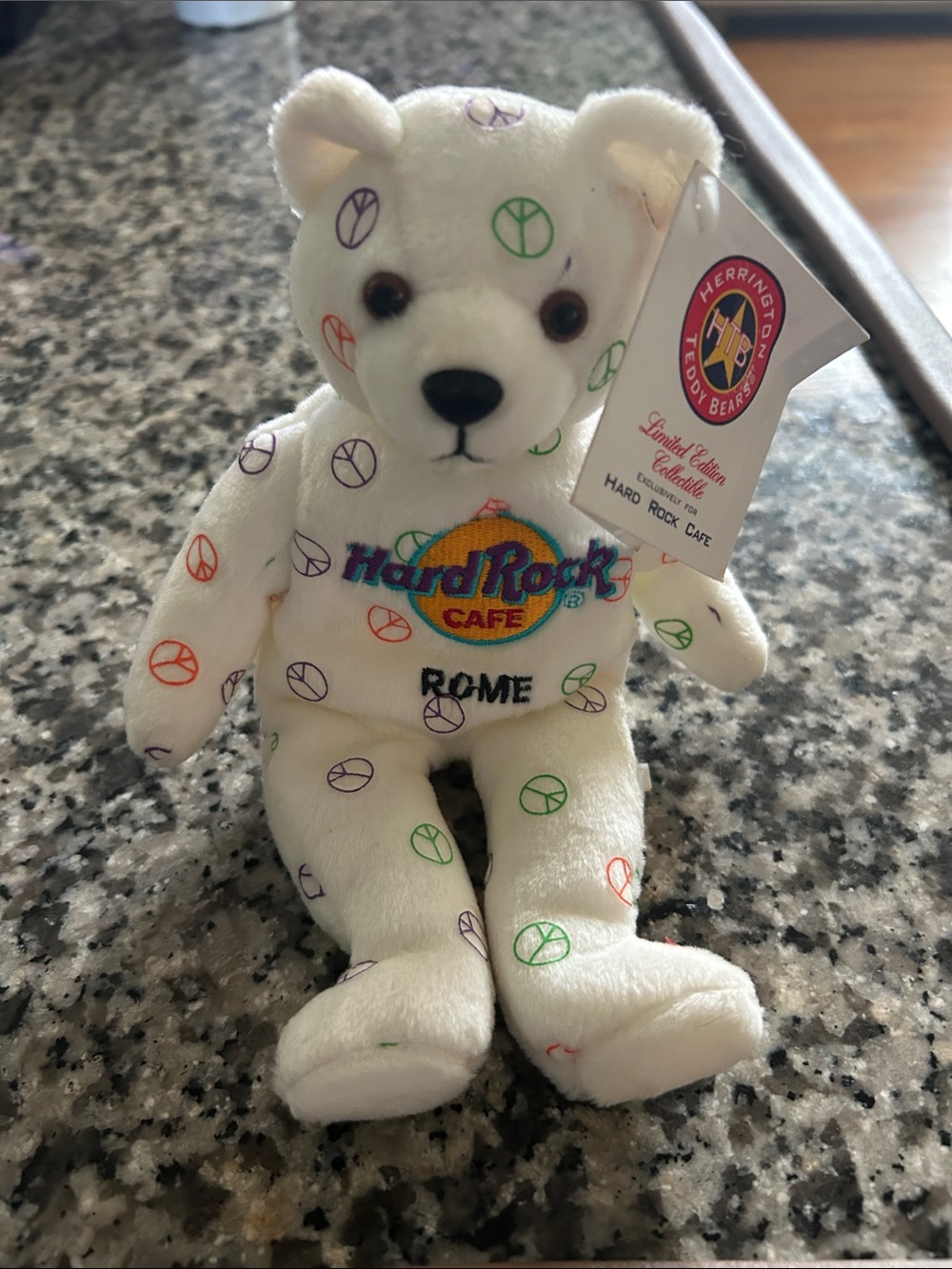 Hard Rock Cafe White Peace Sign Plush Bear - Rome Edition
